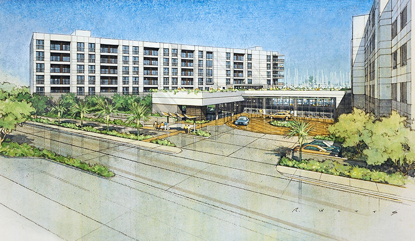 An illustration of the Courtyard and Residence Inn by Marriott new-build in Marina Del Rey, CA.