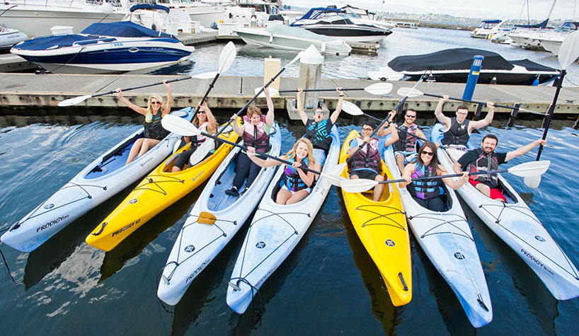 Guests of Woodmark Hotel & Still Spa can kayak at Carillon Point in Kirkland, WA.