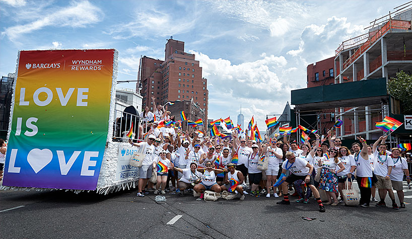 Wyndham Hotels & Resorts team members participate in the 2018 Pride March in New York City. Credit: Danny Chin - Omega Photo Studios