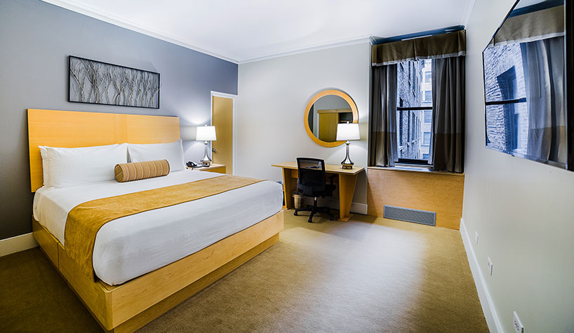 A renovated guestroom at The Hotel Pennsylvania in New York City.