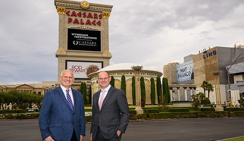 Wyndham Destinations and Caesars Entertainment have extended their marketing agreement. Left to Right: Gary Selesner, Las Vegas regional president, Caesars Entertainment, with Michael Brown, president/CEO of Wyndham Destinations.