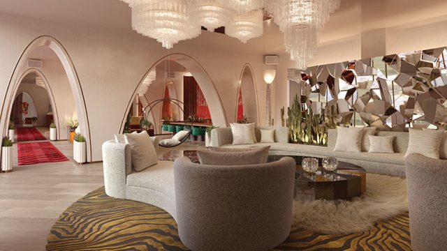 Rendering of the lobby lounge at Virgin Hotels Las Vegas by the Rockwell Group.