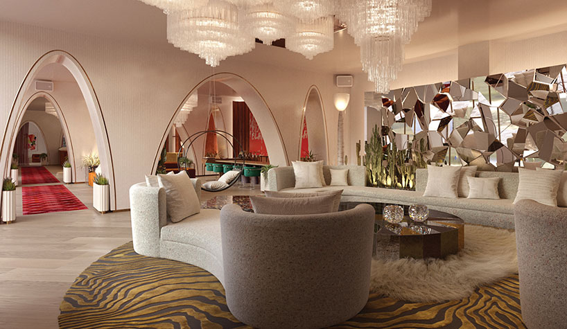 Rendering of the lobby lounge at Virgin Hotels Las Vegas by the Rockwell Group.