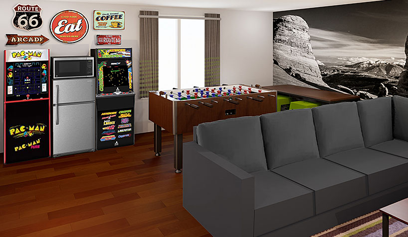 A rendering of the new communal room concept ROOM8 from Super 8 but Wyndham.