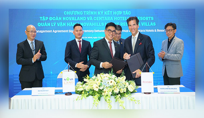 Markland Blaiklock (front row, right) signed a Hotel Management Agreement with Huy Bui, CEO of Novaland Group (front row, left) to open two new resorts currently in development in Vietnam’s top tourist cities.