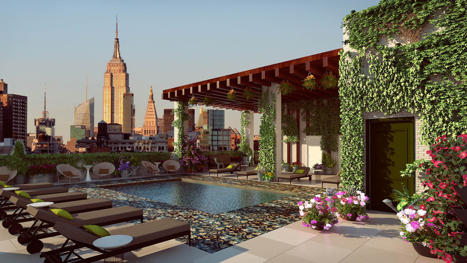 A rendering of the Somewhere Nowhere rooftop pool at the Renaissance New York Chelsea Hotel.