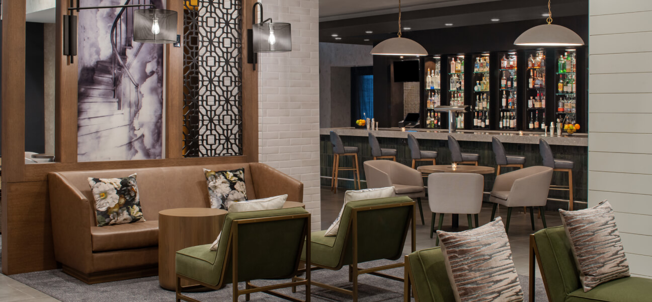 The renovated lobby of the Renaissance Chicago North Shore Hotel